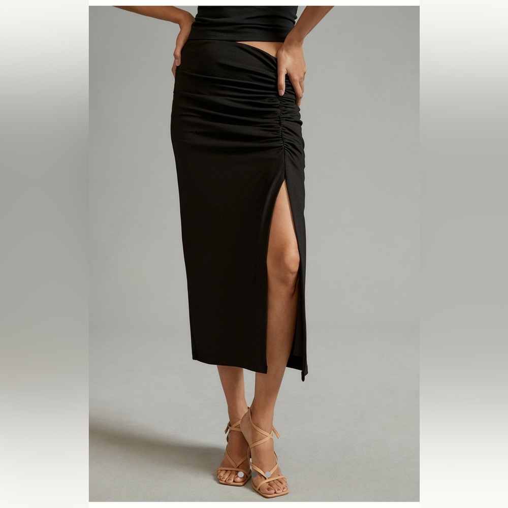 Anthropologie The Maya Black Ruched Side Slit Midi Skirt